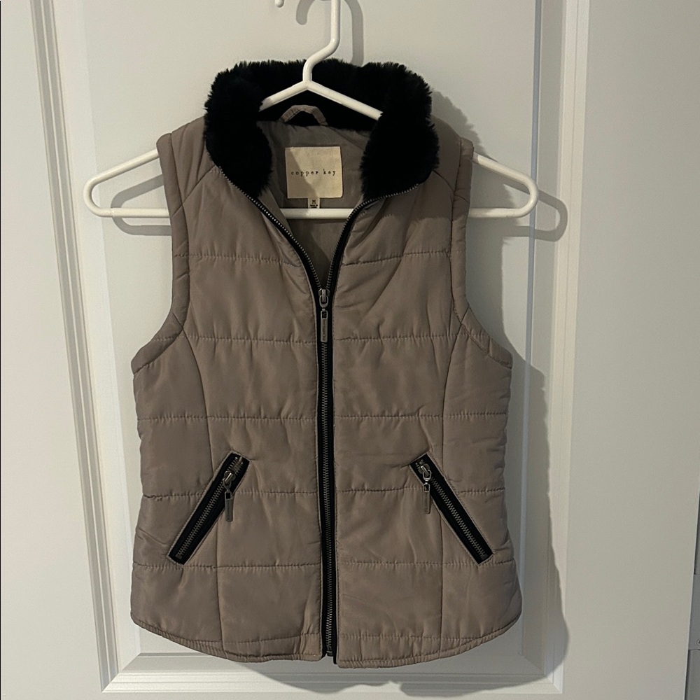 Copper Key Quilted Vest in Taupe with Black Faux Fur